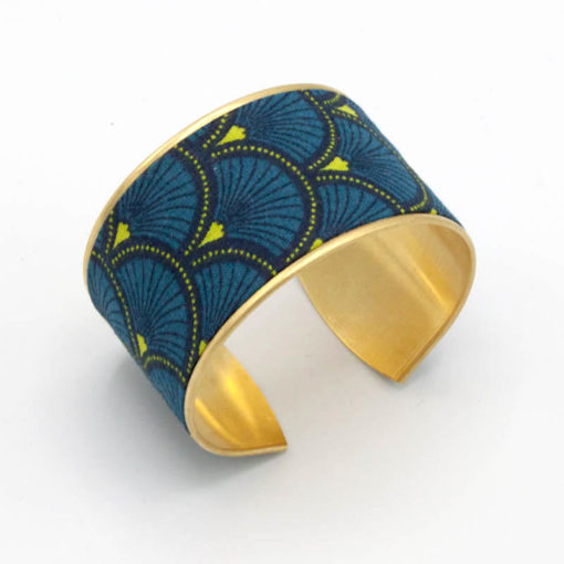 bracelet manchette laiton tissu éventails bleu jaune