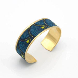 bracelet manchette tissu éventail japonais bleu jaune