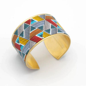bracelet manchette laiton tissu triangles géométrique bleu rouge orange gris jaune
