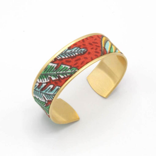 bracelet manchette laiton tissu feuilles jungle rouge bleu vert