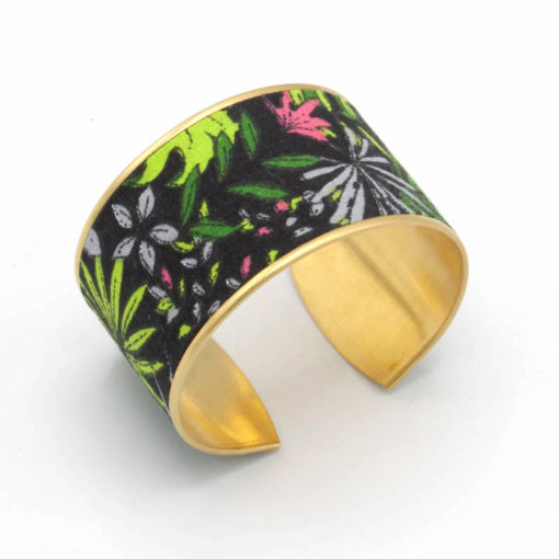 bracelet manchette jungle feuilles fleurs noir vert rose