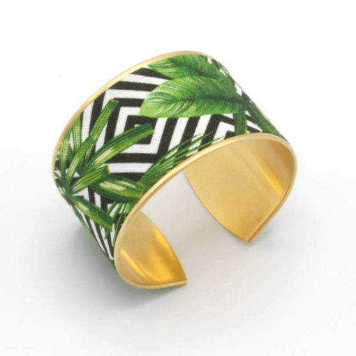 bracelet manchette laiton tissu jungle feuilles vert noir blanc