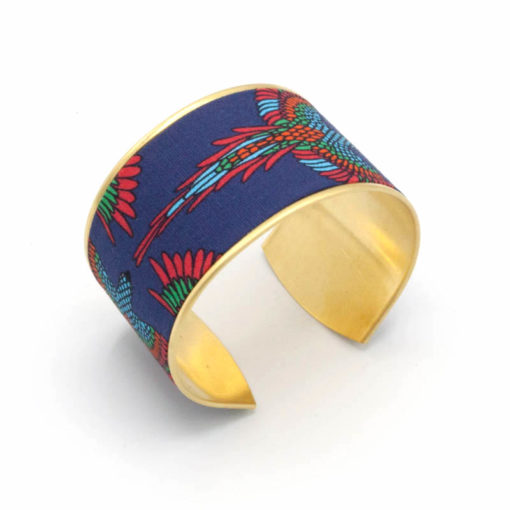 bracelet manchette doré tissu mexicain oiseaux bleu rouge vert bleu